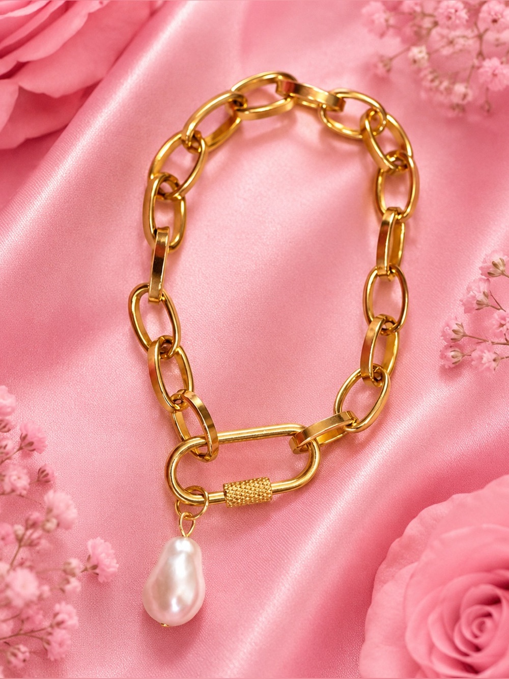 Stainless Gold tone Chain Charm Bracelet with Faux Baroque Pearl charm - Picture 2 of 5
